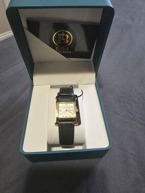 BiBi Gold-Tone Rectangular Watch with Dark Green Strap and White Dial